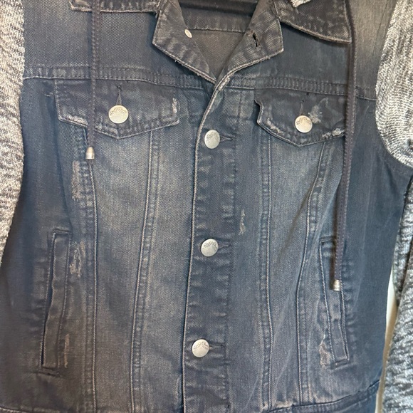 Free People Distressed Black Denim Jacket with Grey Knit Sleeves & Hood in XS - Picture 9 of 12